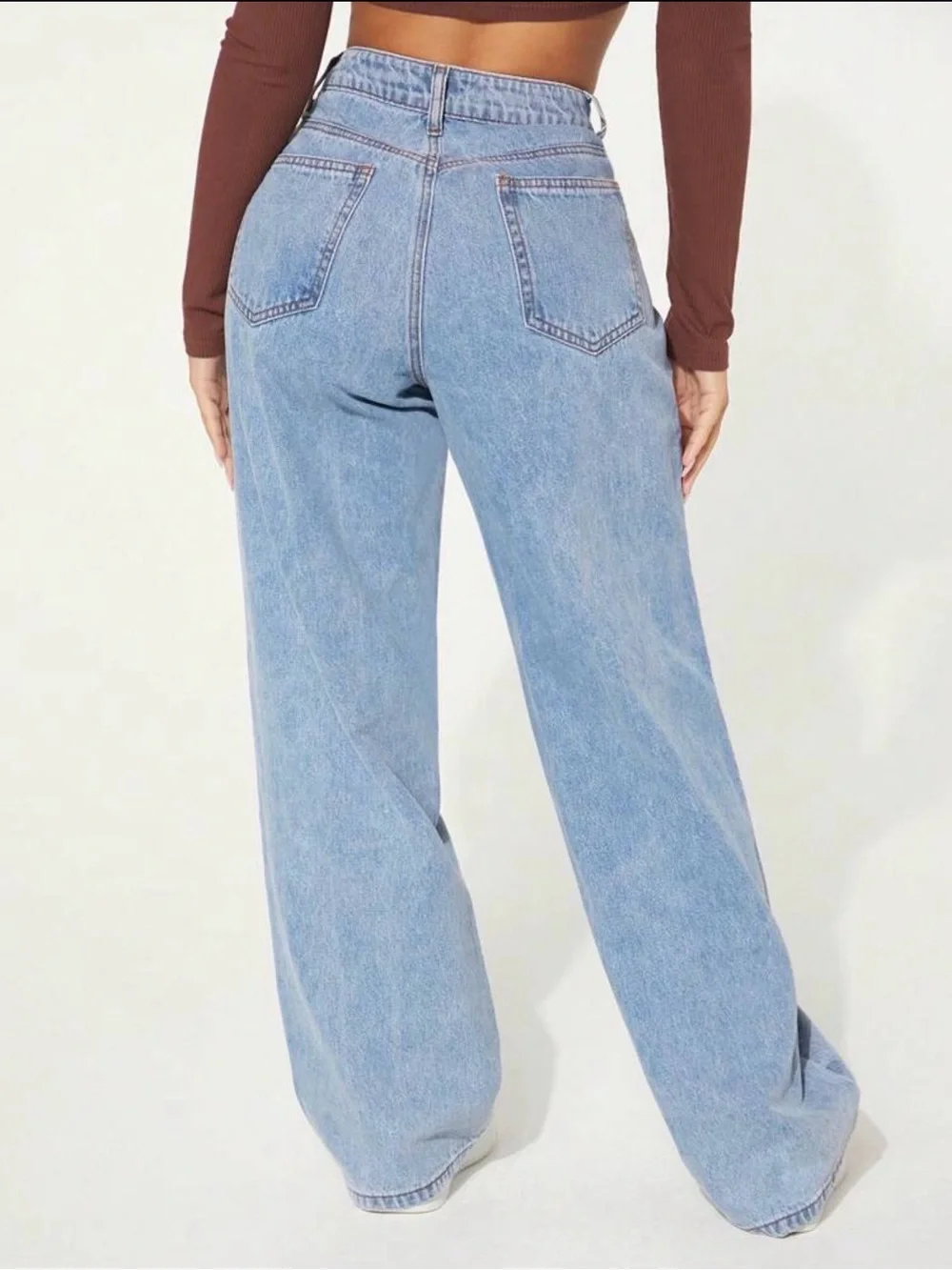 High-Waist Wide Leg Jeans with Side Chain Detail - Light Blue
